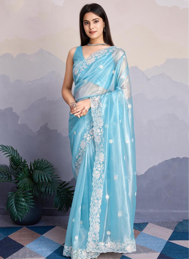 Gold Infused Sky Blue Party Wear Twill Work Saree